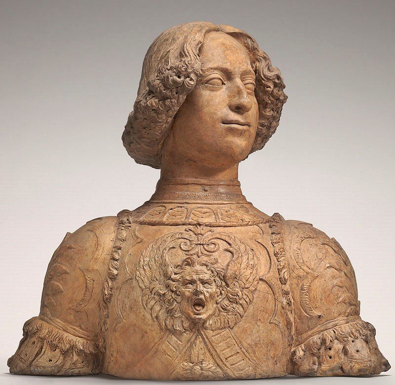 Busto de Giuliano de Médici, irmão de Lourenço, com a armadura que usara no famoso torneio. Estátua de Andrea del Verrocchio, hoje nos Estados Unidos (National Gallery of Art).