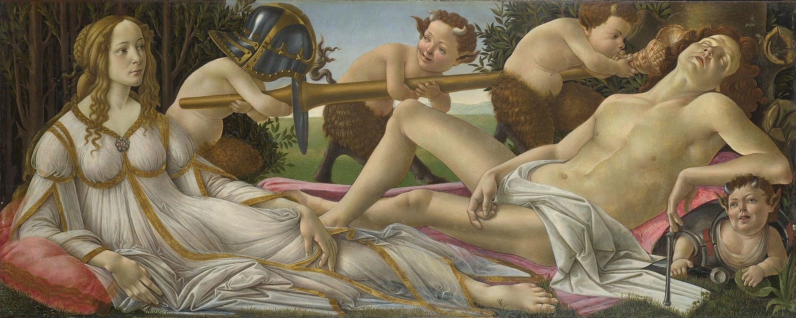 Vênus e Marte de Sandro Botticelli (National Gallery, Reino Unido). As feições dos deuses são as de Simonetta Vespucci e Giuliano de Médici. O quadro foi pintado em 1482, quatro anos após a morte de Giuliano e seis após a morte de Simonetta. 