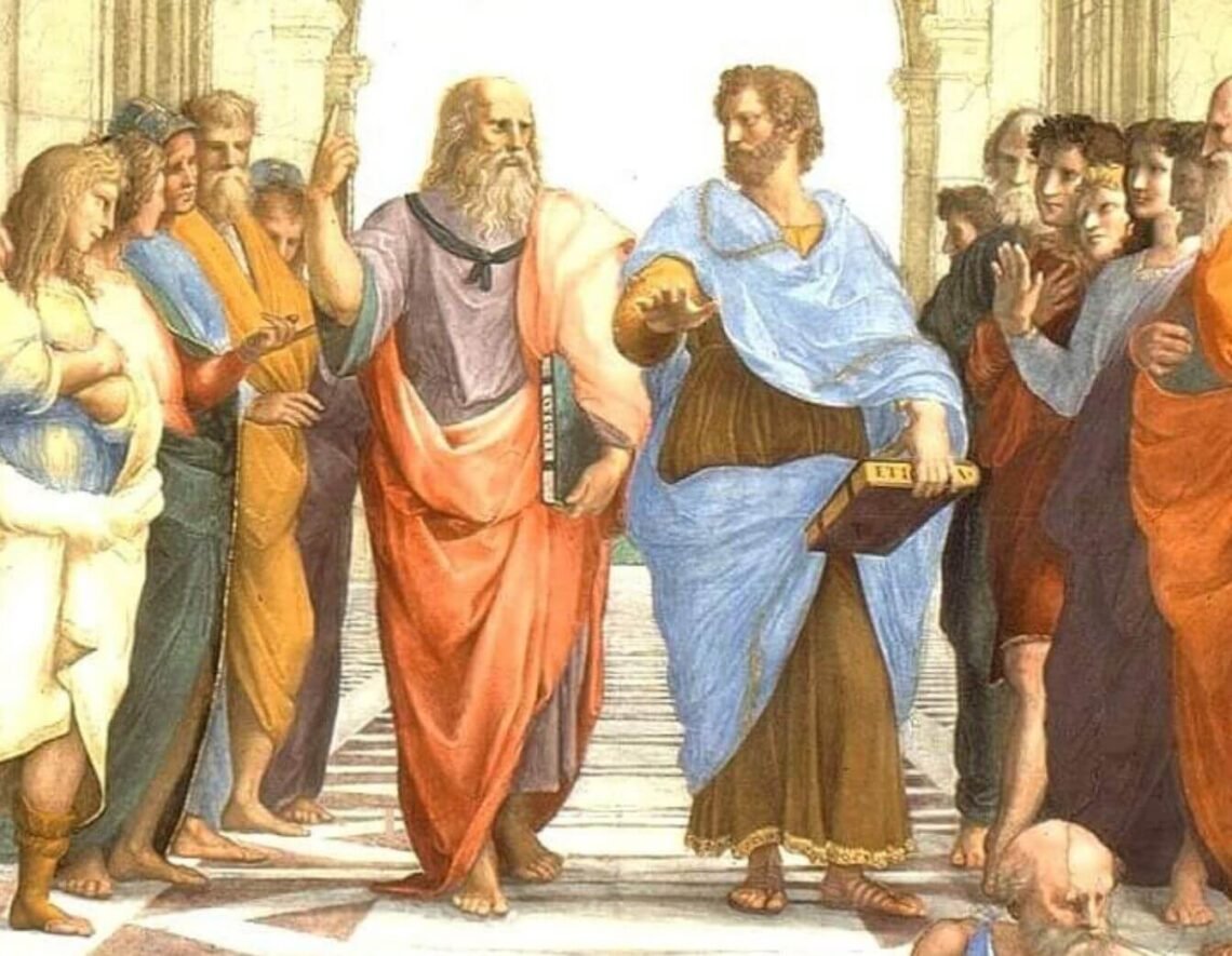 Leonardo da Vinci representado como Platão na obra “A escola de Atenas” de Raffaello Sanzio.