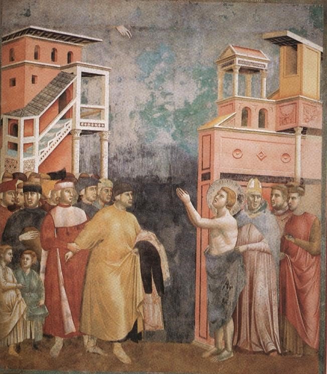 Afresco de Giotto, famoso pintor medieval, retratando o célebre episódio da renúncia aos próprios bens, durante o qual Francisco se despe e entrega suas vestes.