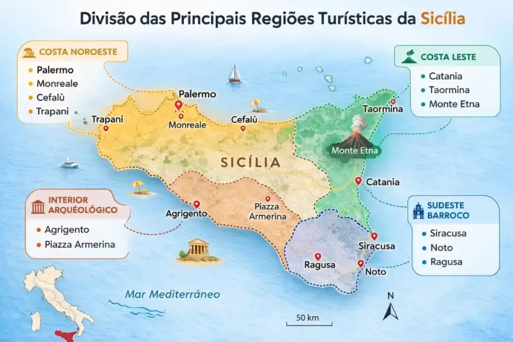 Mapa turístico da Sicília com Palermo, Taormina, Siracusa, Ragusa e Agrigento