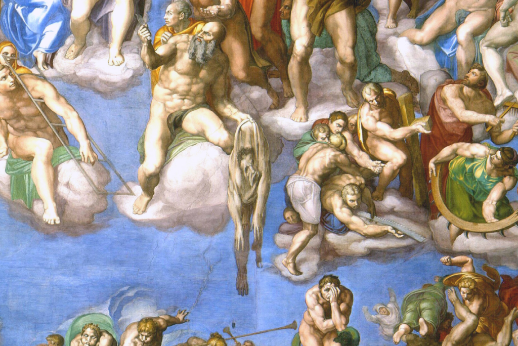 Detalhe do autorretrato de Michelangelo na obra O Juízo Final - Museus Vaticanos.