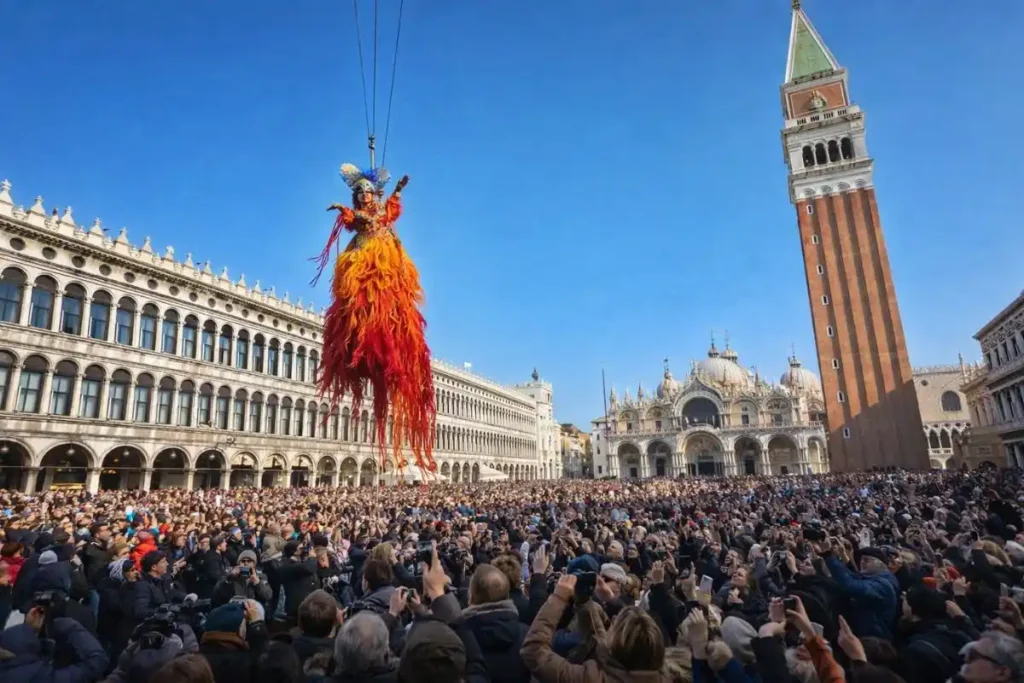 Representação do Voo do Anjo no Carnaval de Veneza com Campanário de São Marcos