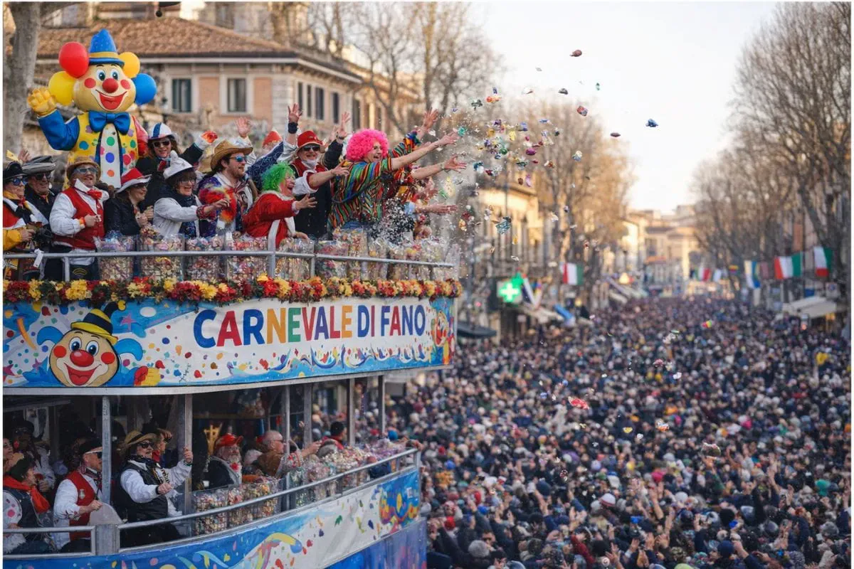 Carnaval na Itália em Fano com desfile e lançamento de doces durante o getto