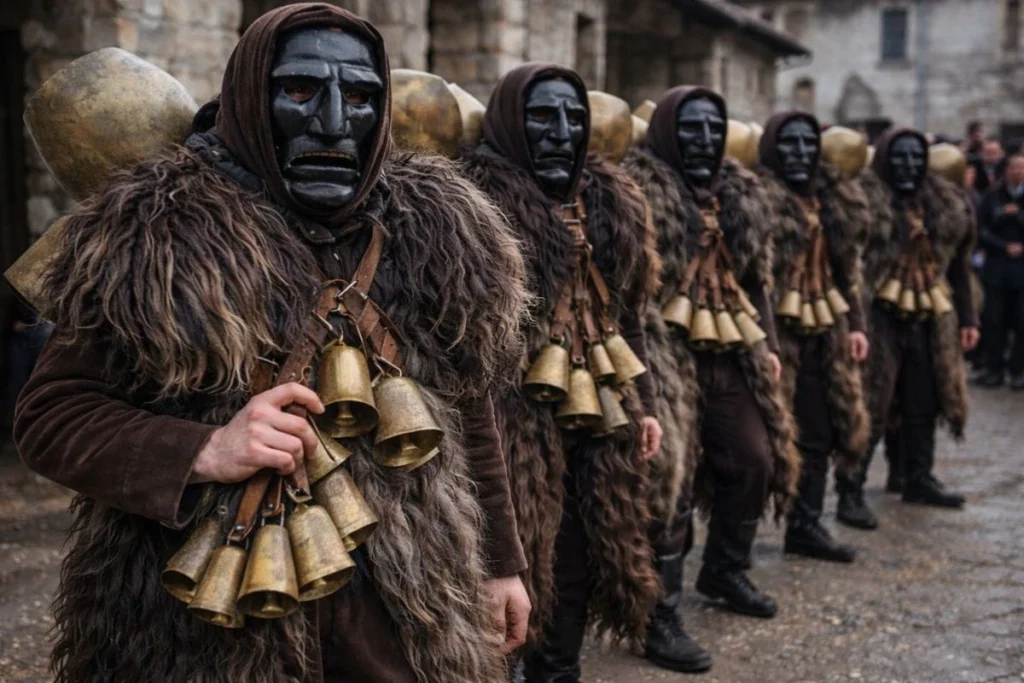 Carnaval na Itália em Mamoiada com Mamuthones usando máscaras tradicionais e sinos
